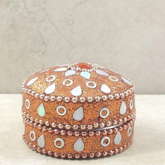 VTG Jewelry Box Orange Round Glitter Trinket Gift Beads Ornament Velvet Interior - Picture 4 of 12